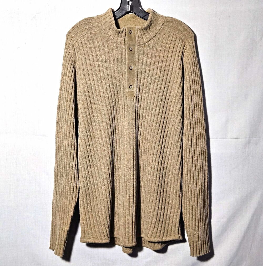 Henley Sweater Cashmere Wool Mock Neck Ribbed Knit Mens XL Tan Old Money Minimal